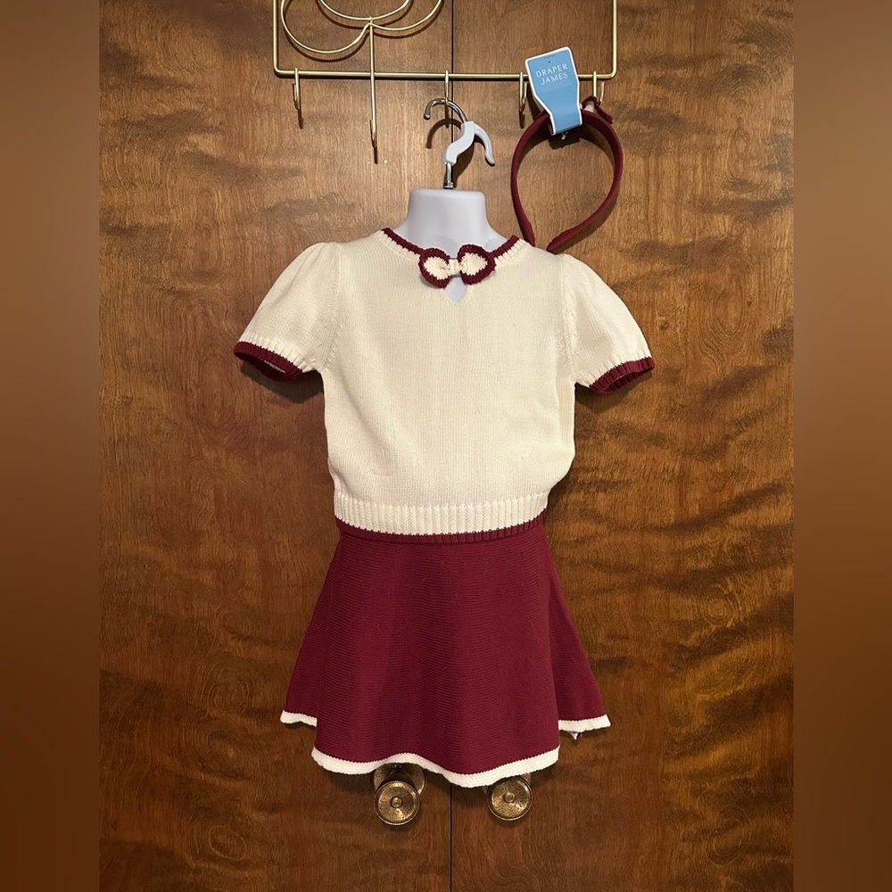 Draper James 3 Piece Sweater & Skirt Set w/Headband Girls 6X Ivory & Wine Knit